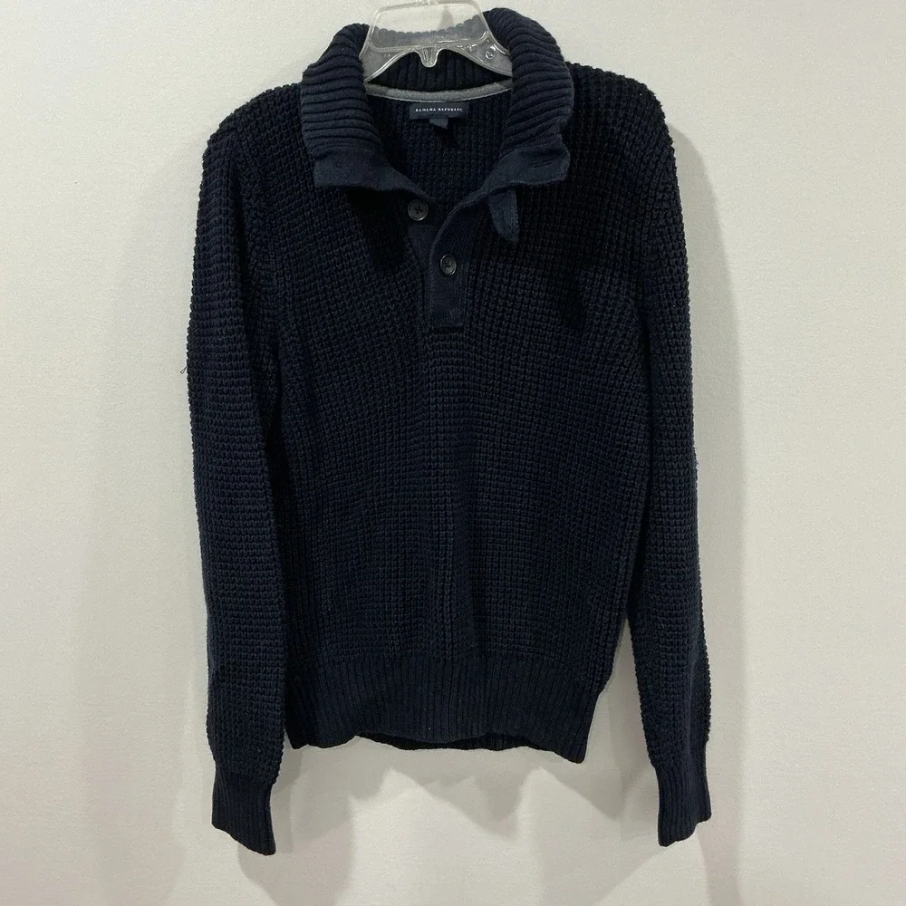 Banana Republic Sweater Mens Medium Blue Collared Fisherman Waffle Knit Coastal